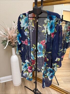 Emerald Navy Sheer Floral Kimono with Blue & Pink Blooms